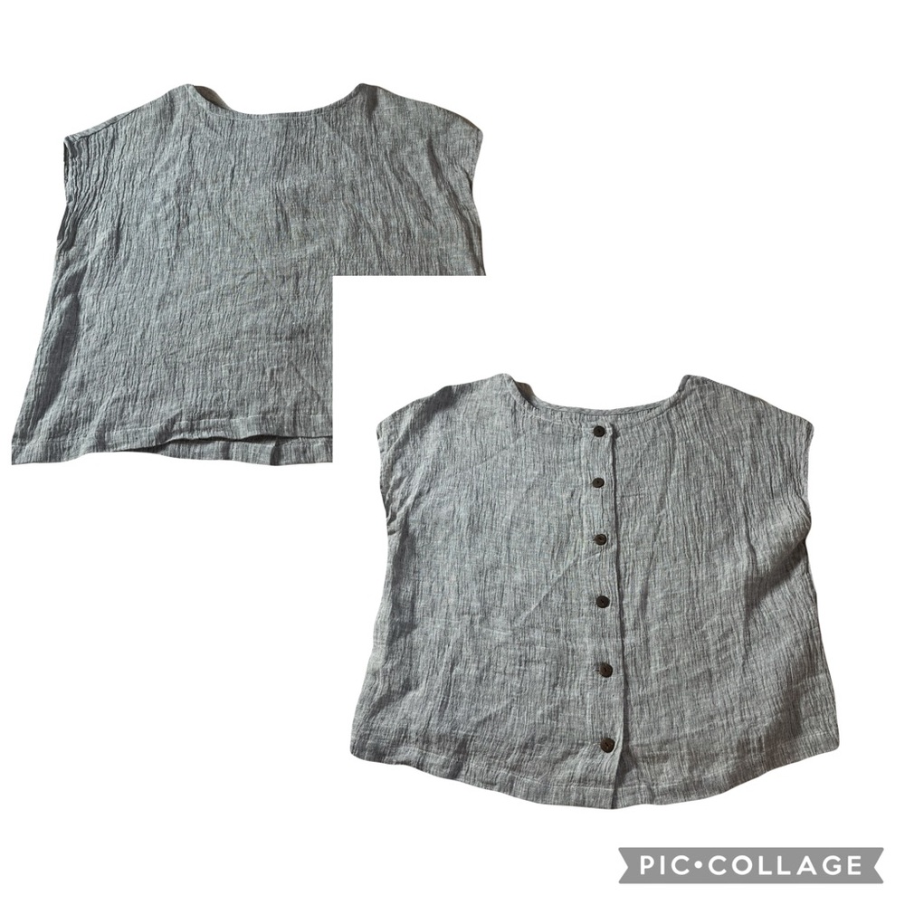 TAHARI Blue linen Boxy loose Top Large Beach Coastal buttons at back